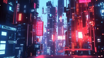 Fototapeta premium Neon-lit rainy urban street at night with reflective wet pavement and towering buildings adorned with bright pink blue signs. A lone figure walks in the distance, adding depth to scene. Generative AI
