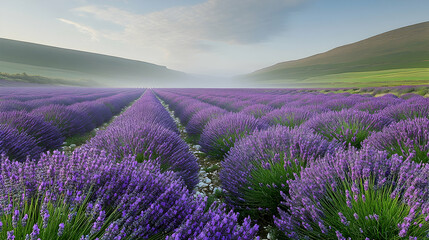Obraz premium Misty Lavender Field Sunrise