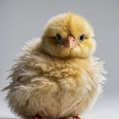 A fluffy baby chick looking curious, its soft yellow feathers glowing against a white backdrop.