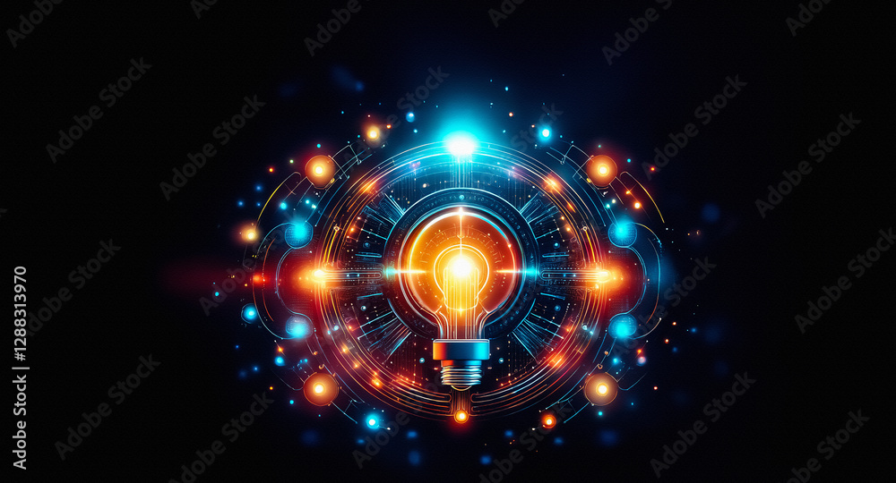 Poster bright light bulb in the center glows with energy surrounded by interconnected circles and lines, cr