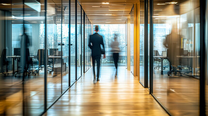 Blurred figures walk in an office, reflecting in glass walls. A modern and busy workspace with wooden floors and visible desks.