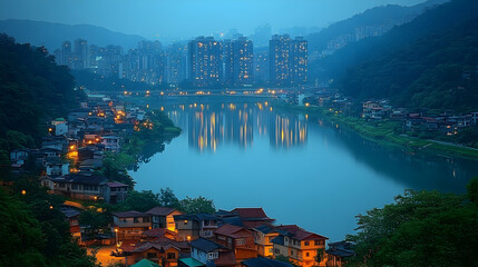 Misty River Cityscape at Dusk