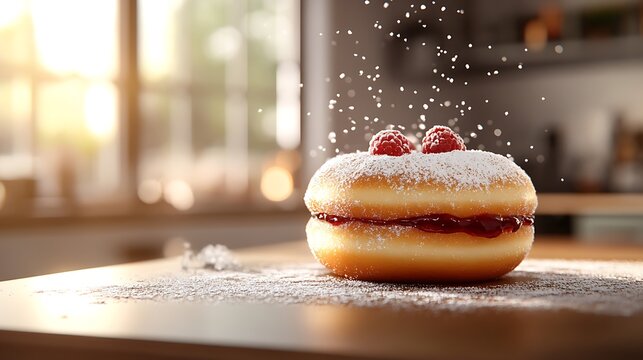 Jelly Donut with Raspberries in Sunlit Kitchen / 陽の差すキッチンでラズベリーを添えたジャムドーナツ