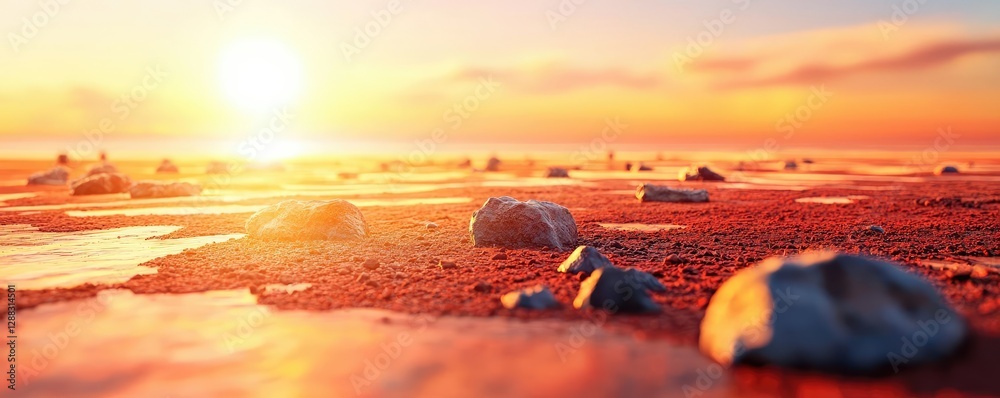 Poster weathering process concept. vibrant sunset reflecting on wet sand with rocks, creating a serene seas