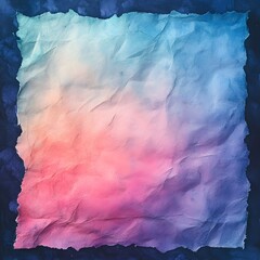 Obraz premium Crumpled paper with watercolor gradient from blue to pink to purple on textured dark blue background.