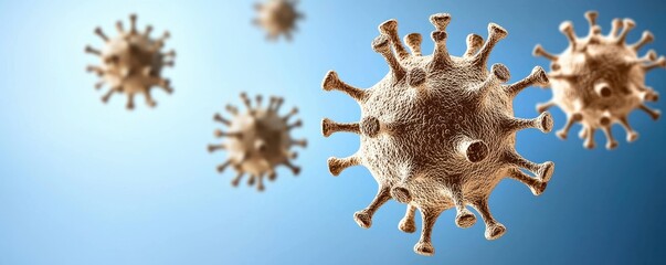 Obraz premium A close-up view of virus-like structures floating against a soft blue background, illustrating microscopic pathogens in a scientific context.