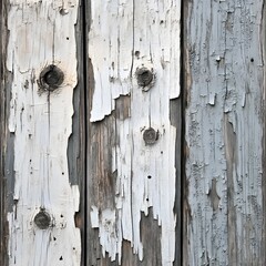 Close-up of weathered wooden planks with peeling white and grey paint, revealing texture and age.