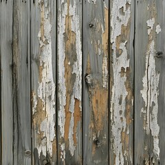 Weathered wooden planks with peeling white paint reveal brown wood underneath. Rustic, textured surface in shades of grey and brown.