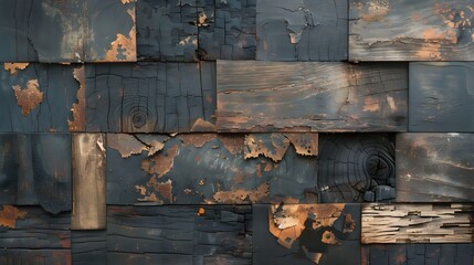 Distressed wooden wall featuring rectangular blocks with weathered, burnt textures and natural wood grain patterns.