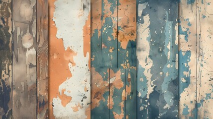 Textured abstract background with vertical panels in brown, orange, green, and blue hues, displaying aged, weathered effects.