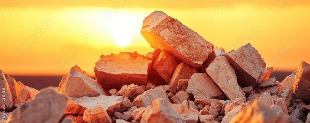 Poster weathering process concept. scenic view of sunset illuminating rocky terrain, creating a tranquil at