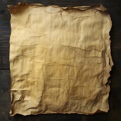 Crumpled, aged parchment paper on dark wood surface.  Texture of old paper, vintage style, blank space for text.