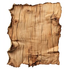 Rough textured wood sheet with torn edges isolated on white. Natural wood grain visible. Brown, beige tones.