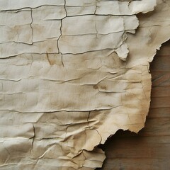 Close-up of aged, cracked paper with brown stains, partially torn and placed on a wooden surface. Texture and decay are prominent.