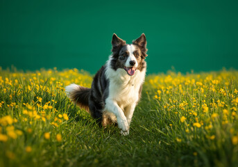 Border collie running through a field of yellow flowers
