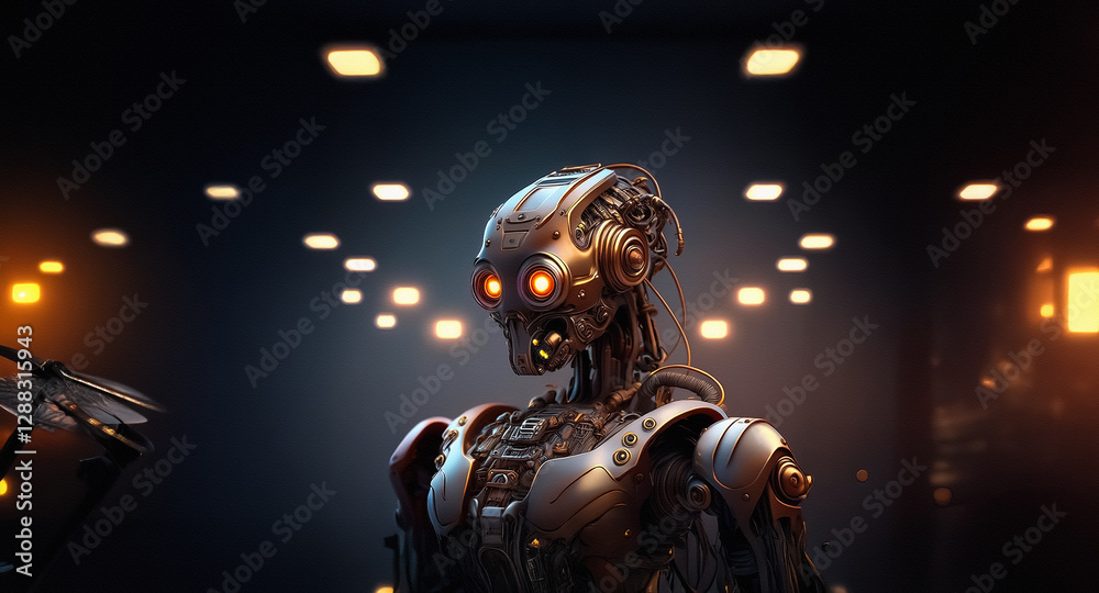 Leinwandbilder a metallic robot with glowing orange eyes stands in a dimly lit, futuristic space. the scene is illu