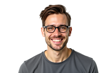 Smiling young adult man portrait with glasses, isolated on transparent background. Cheerful male in t-shirt. Versatile for website avatar, profile pic, or graphic design element.