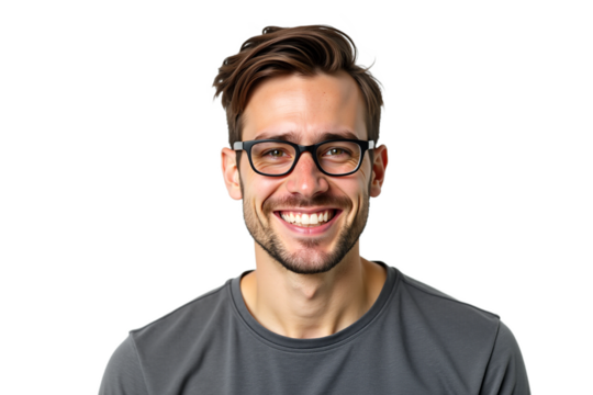 Smiling young adult man portrait with glasses, isolated on transparent background. Cheerful male in t-shirt. Versatile for website avatar, profile pic, or graphic design element.