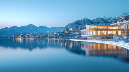 Fototapeta premium Modern House Lakeside Mountain View