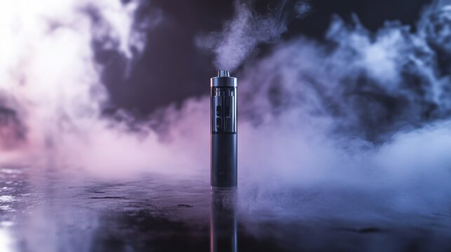 A vaping device placed on a glossy surface with ambient lighting. Featuring smooth lines and gentle vapor trails