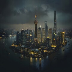 Fototapeta premium Dramatic Panoramic View of Futuristic Shanghai Skyline with Towering Skyscrapers and Oriental Pearl Tower