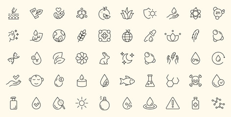 Organic cosmetic icon set. Eco cosmetics icon. Organic natural products. Natural cosmetics. Eco friendly, sensitive skin, vegan, paraben, antibacterial, allergen free, lab tested. Editable Stroke.