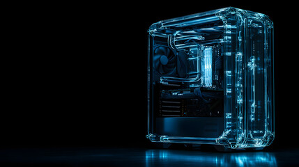 A gamers PC tower featuring a transparent side panel liquid cooling and glowing RGB components.