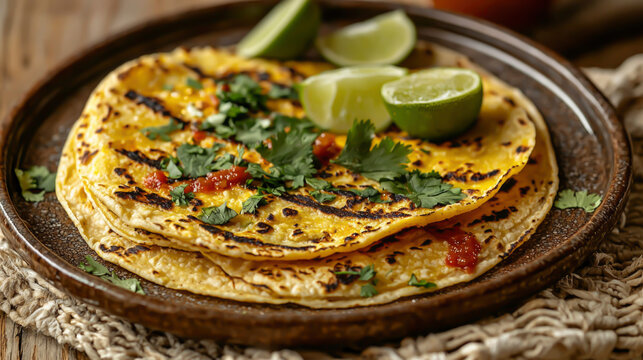 Delightful tortillas freshly served on a rustic plate, garnished with zesty lime wedges and colorful toppings, inviting taste and tradition