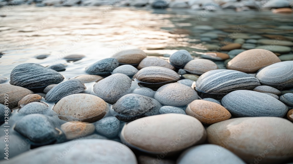 Aufkleber Weathering process concept. A serene view of smooth pebbles lining the tranquil edge of a clear water body.