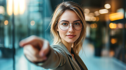 Stylish woman with glasses points forward, offering a welcoming and professional gesture in a bright, modern environment.