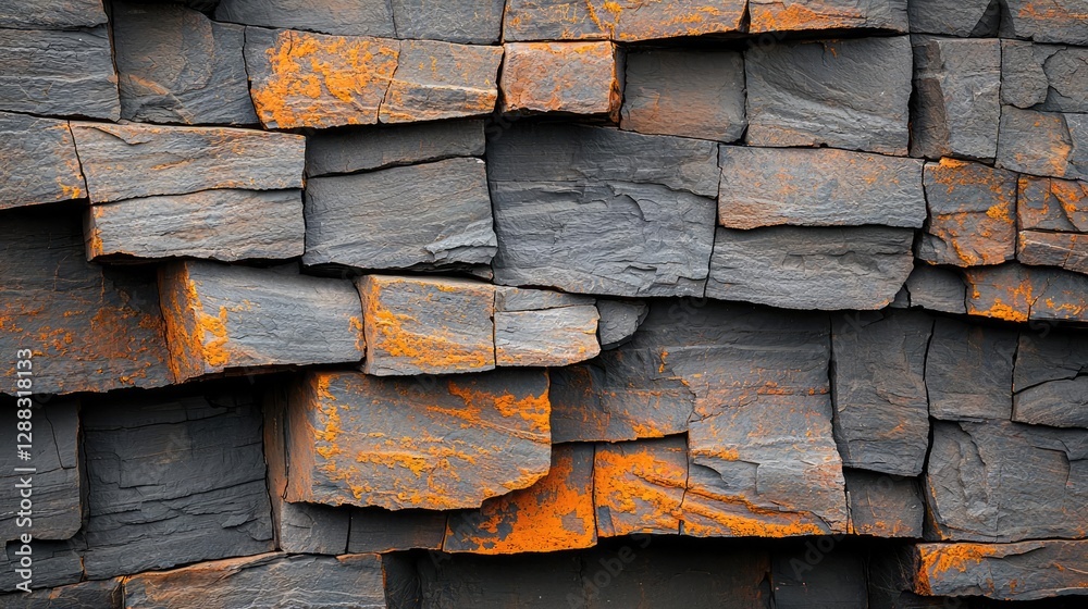 Poster weathering process concept. textured wall made of dark stone blocks with orange accents creating a s