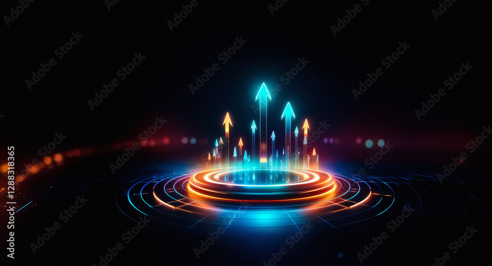 Poster a vibrant display of glowing arrows ascends from a circular stage with concentric rings, illuminated