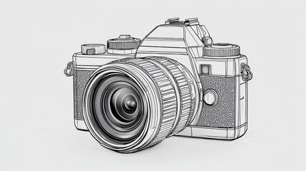 Line Drawing of a Vintage Camera with Detailed Lens Design