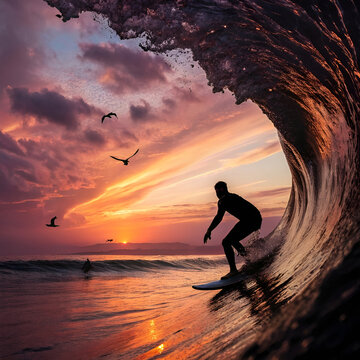 Young surfer rides the wave during sunset. Vertical photo, silhouette of single female woman surfer surfing waves on his surfboard during sunset or sunrise. People water sport lessons beach swimming 