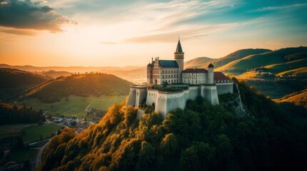 Fototapeta premium aerial view of medieval European castles and villages nestled in green hills