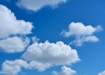 Fluffy white clouds floating in a bright blue sky, perfect for serene backgrounds, wallpapers, and calming design projects.


