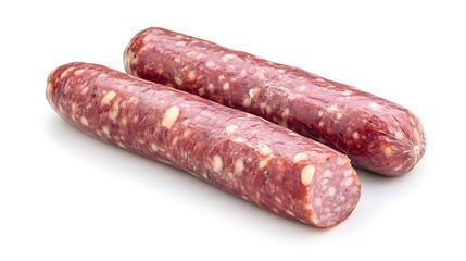 Two sausages are lying on a white surface together