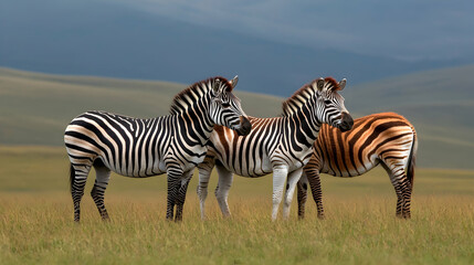 Fototapeta na wymiar Three zebras in African savanna, cloudy sky. Wildlife photo for travel brochures