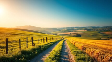 Scenic Countryside Road Through Golden Fields Under a Blue Sky