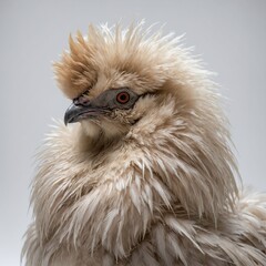 A plump and fluffy Silkie chicken, its soft feathering creating a dreamy effect against a white backdrop.