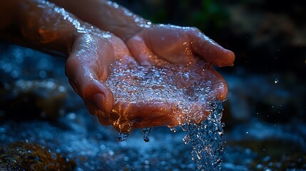 Person cupping flowing water in hands at river, nature background, drink/sustainability concept