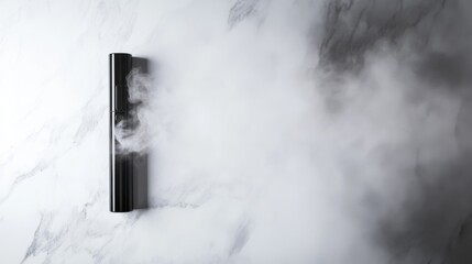 A vaping device placed on a white marble surface with ambient light. Featuring modern technology and soft vapor