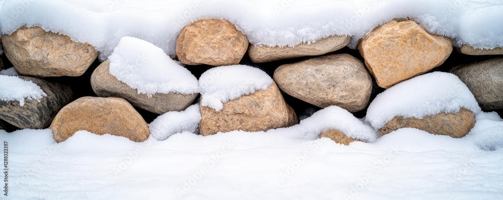Poster weathering process idea. a serene winter scene featuring snow-covered rocks and a tranquil atmospher