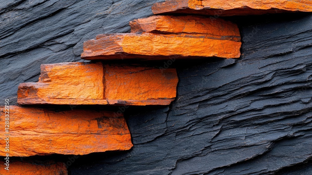 Poster weathering process concept. close-up of unique orange stone steps against dark slate background.