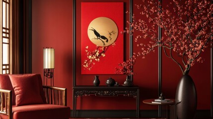 Red Hues of Elegance: Capturing the tranquil ambiance of a traditional interior, this image presents a harmonious arrangement of décor, inviting a sense of refined calmness and aesthetic pleasure.