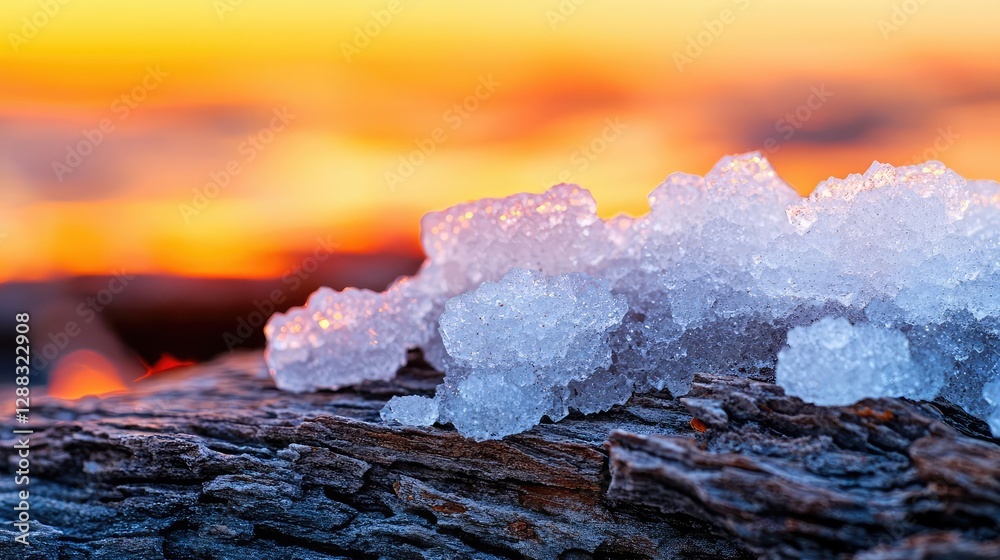 Poster weathering process concept. close-up of ice crystals on a log against a vibrant sunset background.