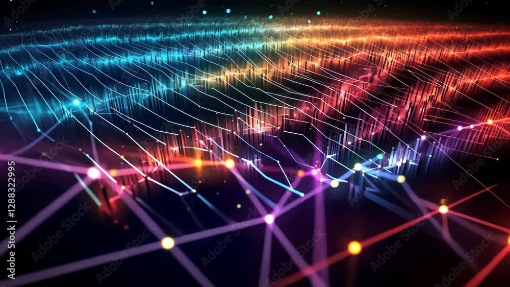 Poster an artistic interpretation of data flowing through colorful networks at night, showcasing vibrant pa