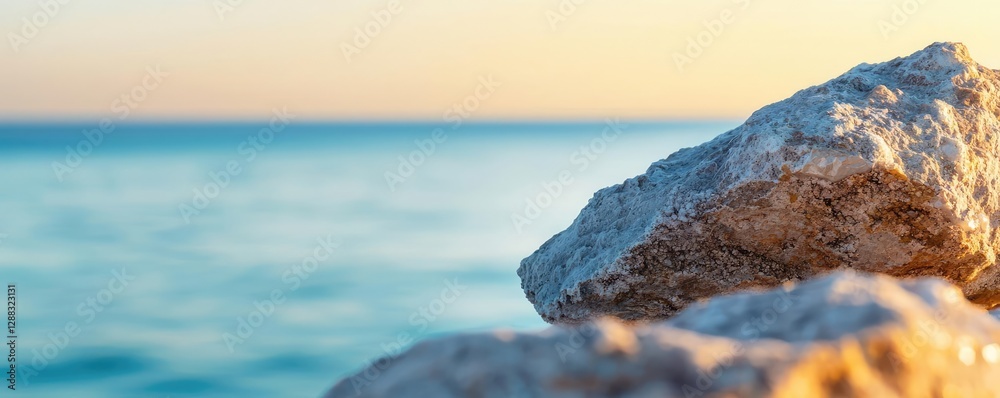 Aufkleber Weathering process concept. Serene beach view with rocks and gentle waves under a soft sunset glow.