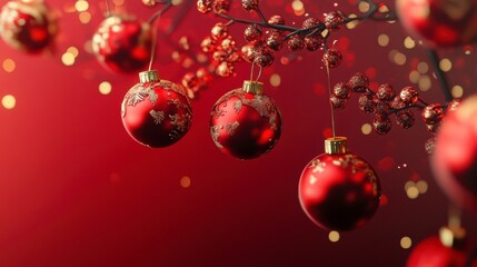 Festive Ornament Display: A captivating scene of ornate red ornaments hanging elegantly against a deep red backdrop, accompanied by shimmering, soft-focus lights.
