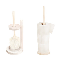 Toilet brush and toilet paper rolls on stand. Watercolor digital illustration. House cleaning tools isolated on white background. For interior design theme, toilet, bathroom